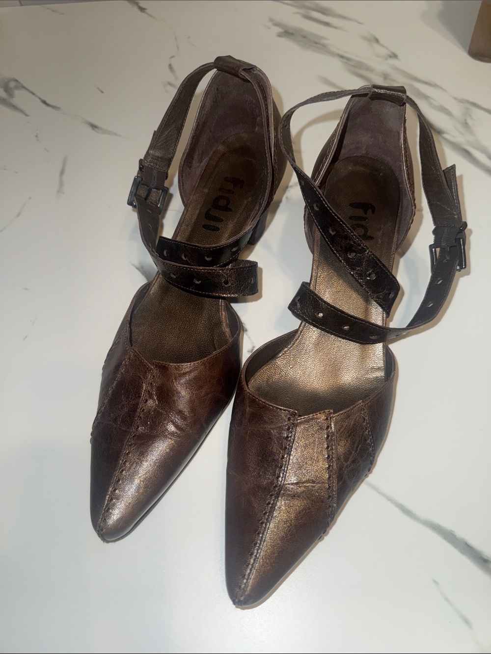 Fidji Dark Brown Shimmer Pointed Toe Leather Ankle-Strap Heels.  EU39-1/2 US 10